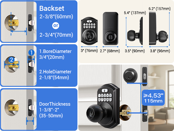 it fits doors with 54 mm door holes, 60/70 mm backset, and 35–50 mm door thickness