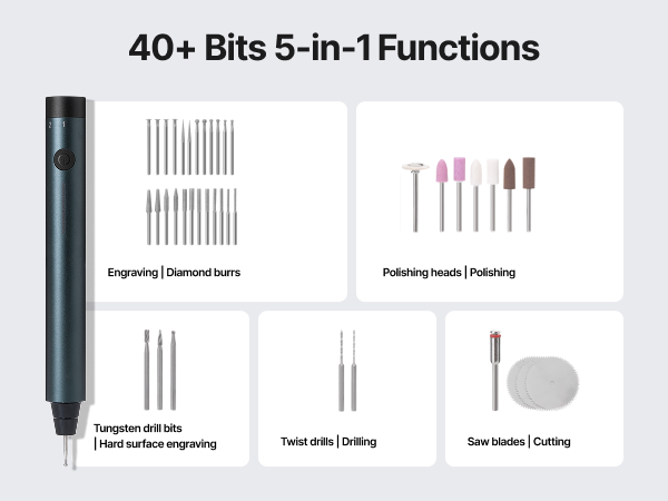Flat-lay of the 42-in-1 accessory kit showing diamond burrs, tungsten bits, polishing heads, etc.