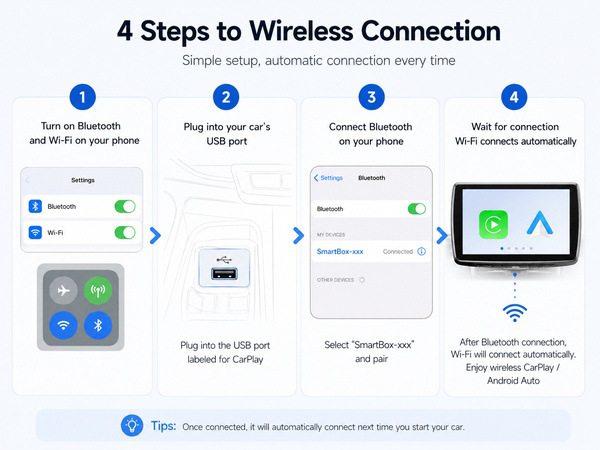 Wireless adapter setup steps for Bluetooth, Wi-Fi, and automatic connection.