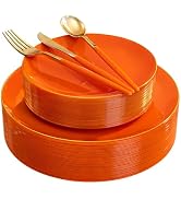 DaYammi 150Pcs Orange Plastic Plates & Gold Cutlery with Orange Handle,Thanksgiving Disposable Pl...