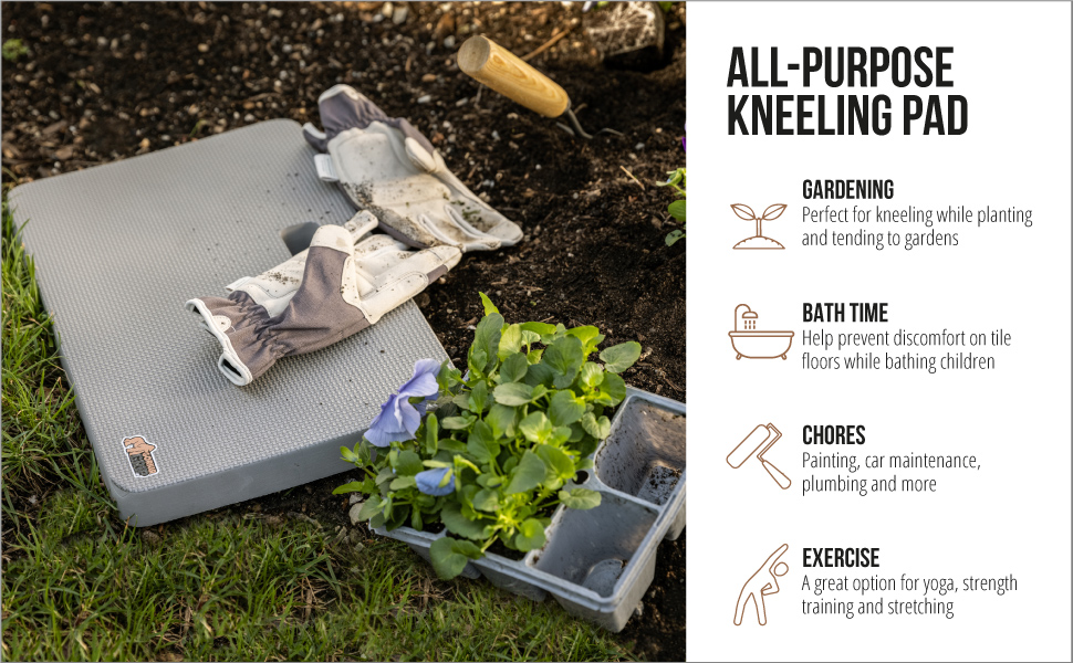 all purpose kneeling pad in garden with gardening tools