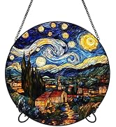 Suncatcher Stained Glass Window Hanging - Blue Painting Starry Night Colored Glass Panel Round Su...