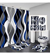 4 Pcs Blue and Black Striped Shower Curtain Set Grey and White Bathroom Sets with Shower Curtain ...