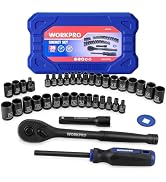 WORKPRO 39PC Drive Black Phosphate Finish CR-V Socket Set(1/4" & 3/8") | Metric & SAE, Quick-Rele...