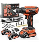 Cordless Drill, 20V MAX Power Drill Set with Dual Power Pack & Charger, 3/8 Inch Keyless Chuck, V...