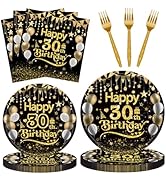 96Pcs 30th Happy Birthday Tableware Set Black Gold Disposable Paper Plates and Napkins with Forks...
