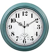 zyzamay 12 Inch Indoor Outdoor Clocks,Waterproof Wall Clock with Thermometer,Easy to Read,Non-Tic...