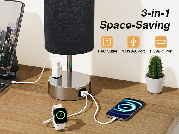 Bedside Lamp Touch Control Table Lamp with USB A+C Charging Ports 3-Way Dimmable Nightstand Lamp