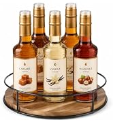 Mowhut Rotating Coffee Syrup Organizer, 6 Bottle Wood Syrup Rack, Metal Syrups Holder for Counter...