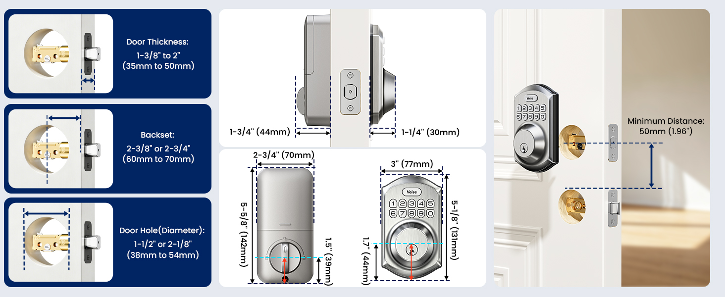 Smart door lock with clear size guide, only suitable for 54mm door holes, easy home installation