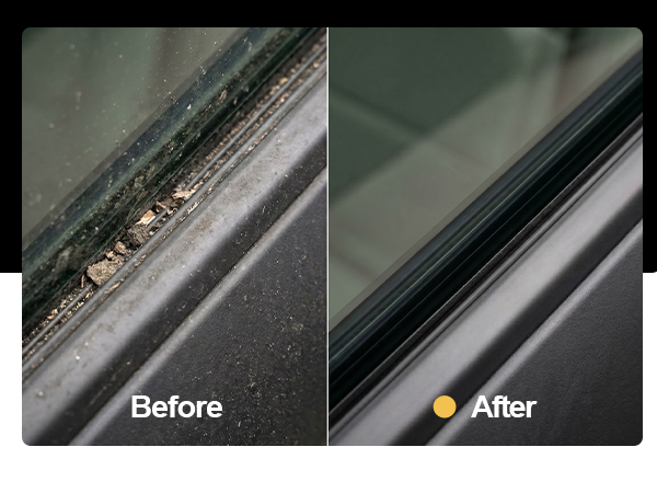 Dirty car door seal packed with debris gets restored to pristine condition with car cleaning putty