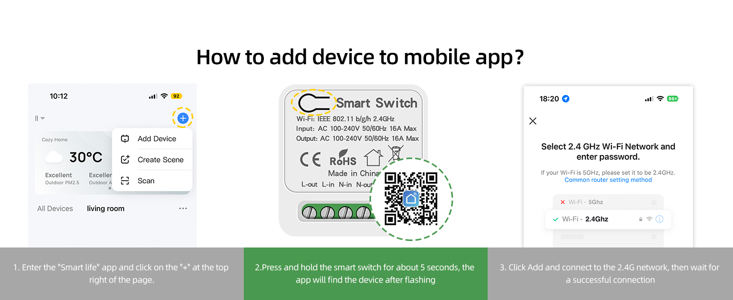 Instructions for adding device to mobile app. Three smartphone screenshots showing Wi-Fi settings, QR code, and device control interface.