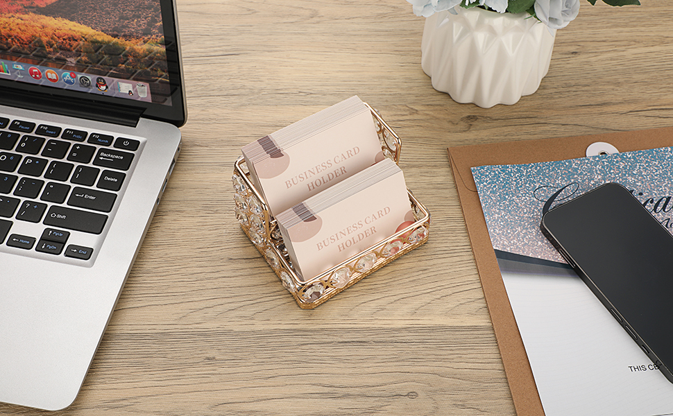 Business Card Holder 2 Tier Crystal Business Card holder for Office Desk 2 Slot Card Stand Organizer