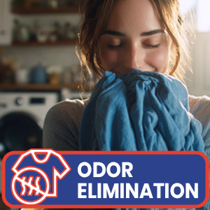 Woman smelling clean shirt, odor elimination, enzyme laundry booster, fresh clean clothes