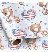 RUSPEPA Patriotic Bear Wrapping Paper Roll, Mini Roll, Red Blue Brown Bear with Balloon Heart Des...