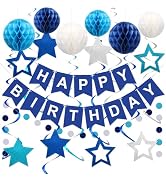 meowtastic Blue Birthday Decorations - Blue Happy Birthday Banner with Honeycomb Ball, Glitter St...