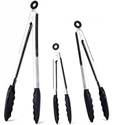 Kitchen Tongs Set of 3, Black Cooking Tongs with Silicone Tips, Non-Stick Non-Scratch Heat Resist...