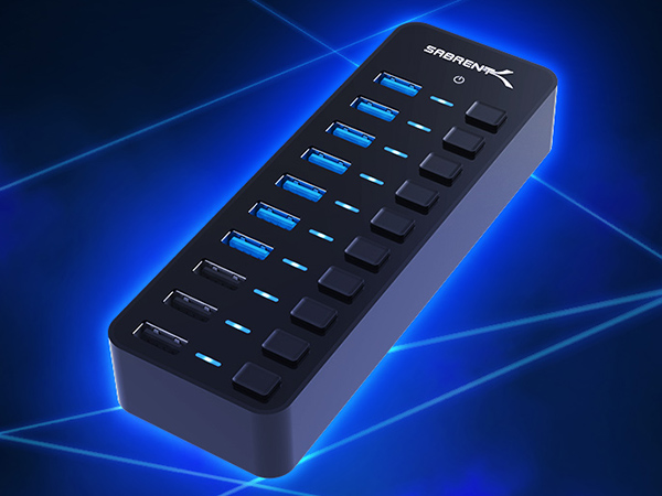 SABRENT 10-Port USB Hub angled view showing individual port power switches and USB 3.0 interface.