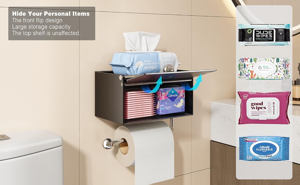 black toilet paper holder with wipes dispenser
