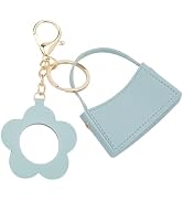 CALFOVERA Light Blue PU Leather Makeup Mirror Keychains Small Makeup Bag with Flower Mirror Porta...