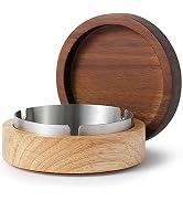 Wooden Ashtray with Lid for Smokers Stainless Steel Liner Ash Tray Windproof Durable Easy to Clea...