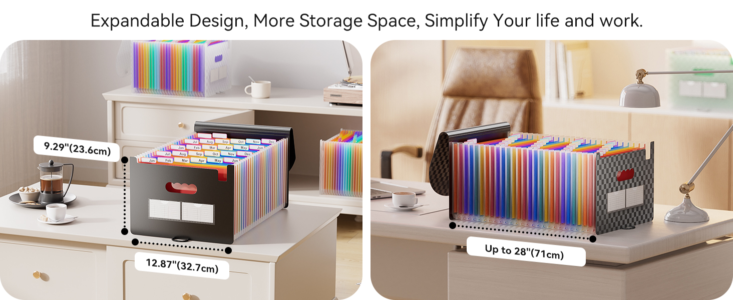 Expandable file organizer with colorful folders. Two views show compact and extended configurations. Dimensions listed: 9.29x13.8x4cm (compact) and 13.8x13.8x27cm (extended). Desk setting demonstrates office use.