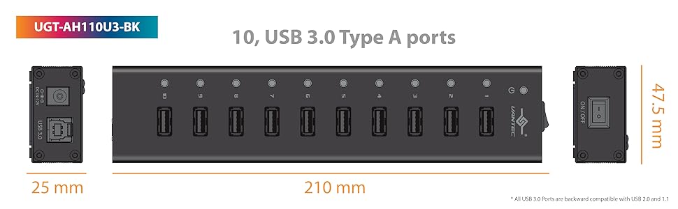 10-Port, 7-Port, USB 3.0, Aluminum, Hub, Data, Charging, BC 1.2, 1.5A, mount, wall, desk, DIN, UASP