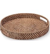 16.9 inch Rattan Tray, Round Wicker Tray with Cut-Out Handles, Woven Serving Tray for Dining/Coff...