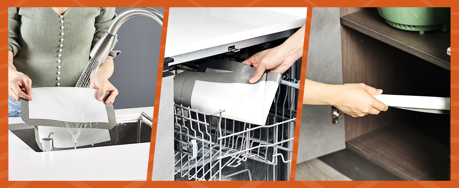 Three-panel instructional image showing laptop placement in different scenarios: being carried, loaded into dishwasher, and stored on shelf.
