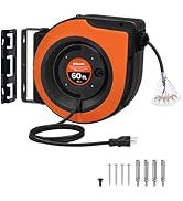 WILAWELS Retractable Cord Reel, 60 FT Heavy Duty Extension Cord, 12AWG/3C SJTOW, 3 Grounded Outle...