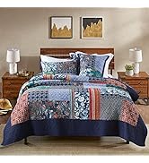 100% Cotton Bedspread Quilt Set Queen Size, Patchwork Quilt Blue Bohemian Floral Pattern with Rea...