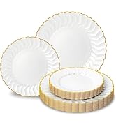 Lullaby 60PCS Pearl White Scalloped Plastic Plates with Gold Rim, Disposable Elegant Plates Inclu...