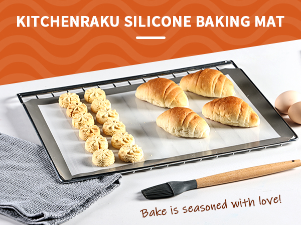 Kitchenraku silicone baking mat shown with croissants and pastries on a metal baking sheet, includes pastry brush.