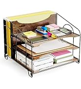 Oterri Wood Desk File Organizer, Desktop Organizer, 3 Tier Metal Paper Letter Tray Organizer with...