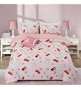Aimuan Pink Cherries Comforter Set Cartoon Love Hearts Flowers and Grass Bedding Set for Girls Bo...