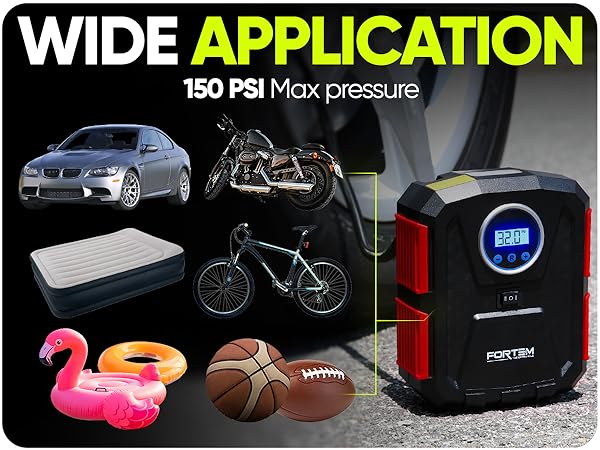 150 PSI inflator for cars, motorcycles, bicycles, sports balls, and other inflatables.