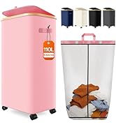 Laundry Hamper with Wheels, 110L Large Clothes Hamper with Removable Inner Bag, Collapsible Dirty...