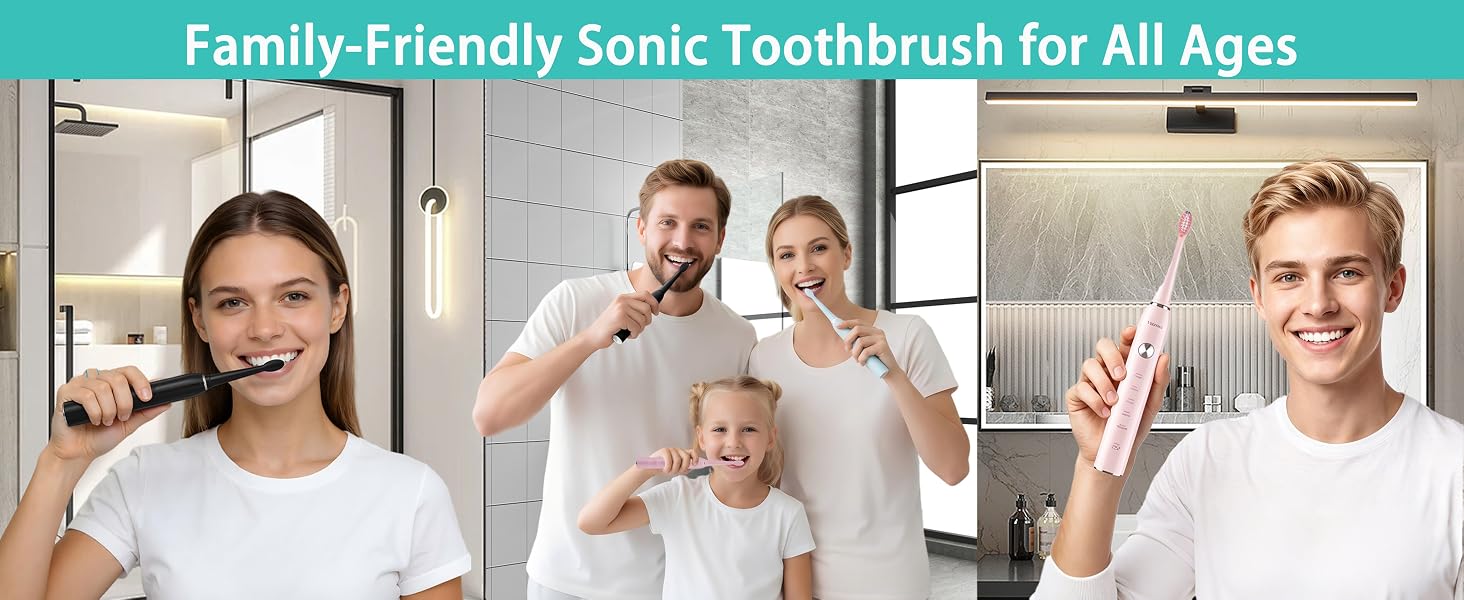 Text reads 'Family-Friendly Sonic Toothbrush for All Ages'. Four panels showing family members of different ages using white sonic toothbrush in bathroom settings, demonstrating multi-generational use.
