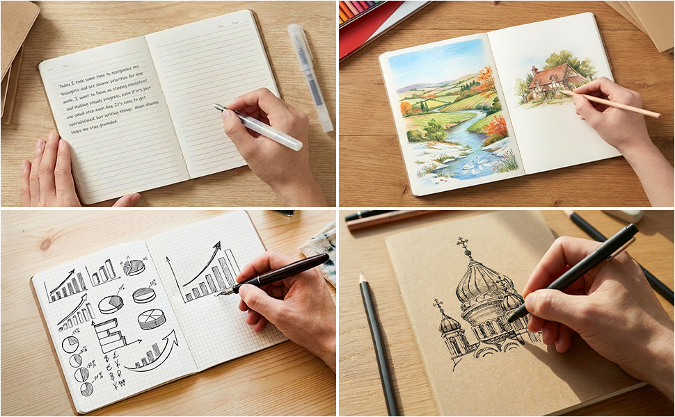 Sequential images showing hands drawing or sketching in notebooks, demonstrating various illustration stages and techniques.