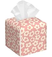 Vintage Groovy Flowers Tissue Box Cover Square,Pink Boho Floral Tissue Box Holder Waterproof Leat...