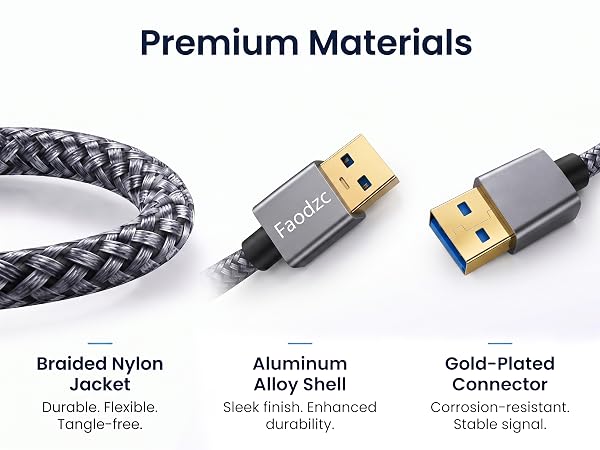 Premium braided nylon jacket, aluminum shell, and gold connectors.