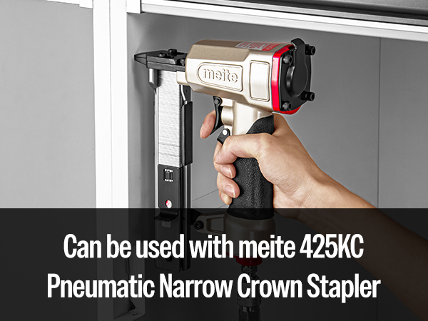 18 gauge 1/4 inch crown staples by 1/2 to 1 inch length can be used with meite 425KC stapler tool.