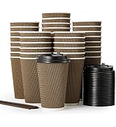 80 Pack 16oz Paper Coffee Cups, Insulated Ripple Wall Paper Coffee Cups With Lid And Straws, Thre...