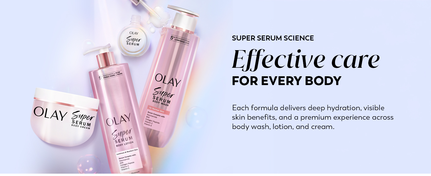 Olay Super Serum products on blue background promoting effective care and deep hydration