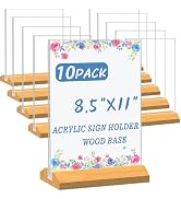 10 Pack Acrylic Sign Holder 8.5 x 11 Inch, Wood Base Signs Stand for Menu Flyer Display, Table Cl...