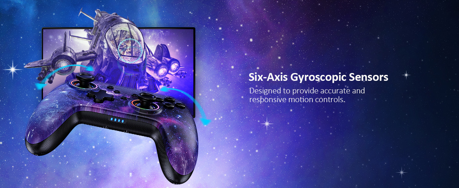 Built-in Six-axis gyroscopic sensors compatible with allmotion-sensing games on the Switch.