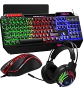 AULA Gaming Keyboard Mouse Headset and Mousepad Combo, RGB LED Backlit Gaming Keyboard Bundle, US...