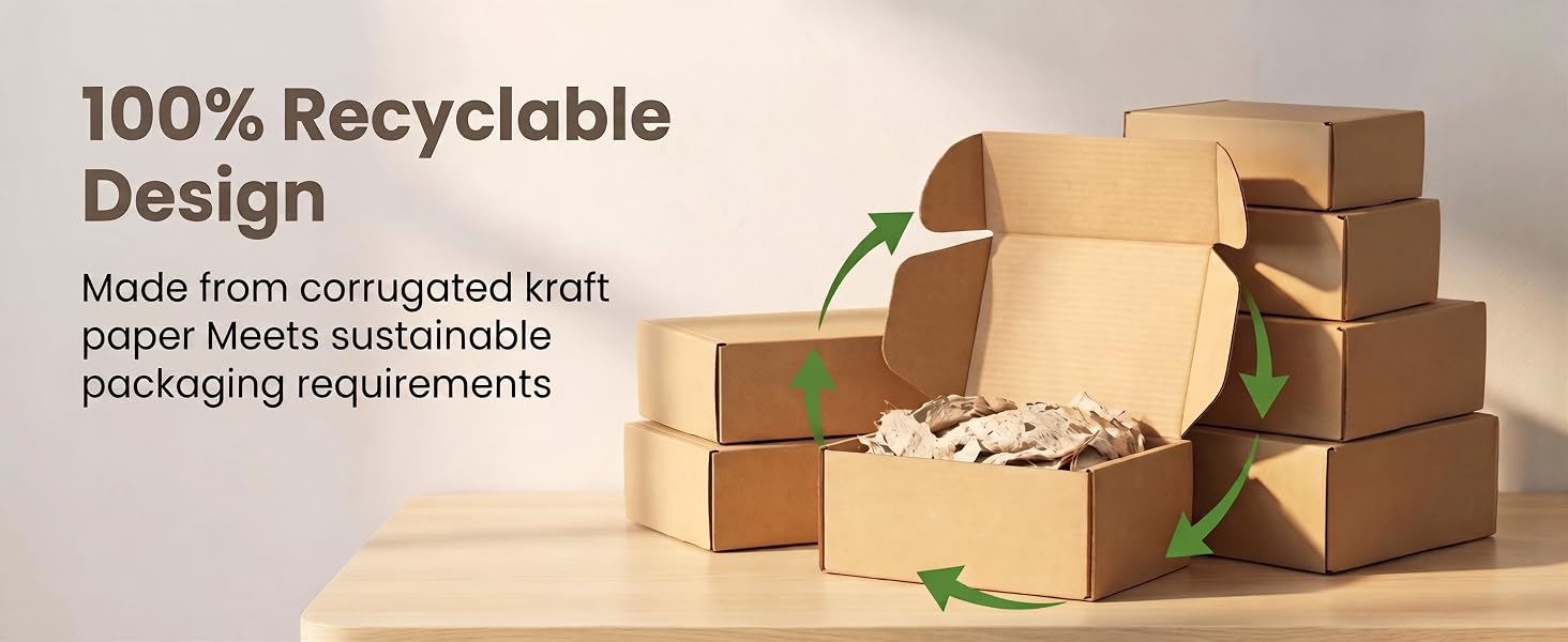 A rustic wooden table scattered with kraft paper, ribbon, twine, and neatly stacked corrugated cardb
