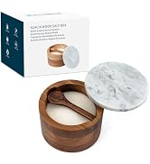 KITCHENDAO Acacia Salt Cellar Box Bowl with Built-in Spoon and Marble Lid, Solid Natural Acacia W...