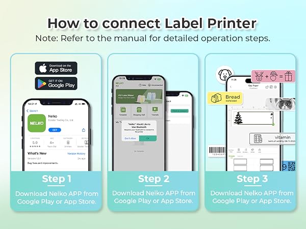 Infographic showing three steps to connect a label printer using the Niimbot app. Steps include downloading the app, setting up the printer, and printing a sample label.